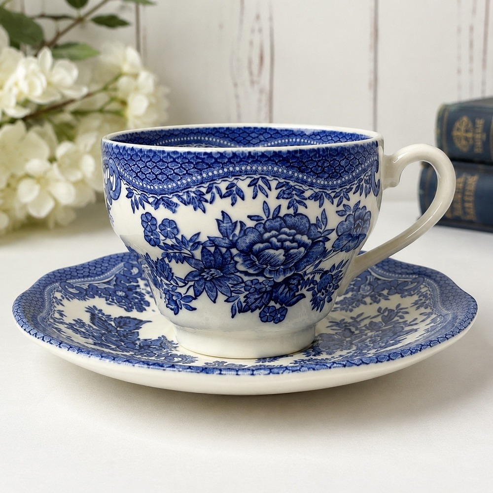 Johnson Brothers Asiatic Pheasant Teacup Saucer Blue White Floral Earthenware